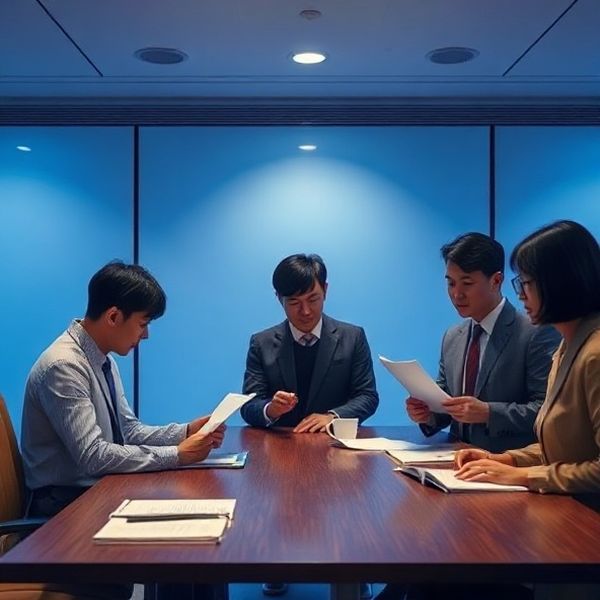 인디고 톤 회의실에서 서류를 검토하는 심사역들